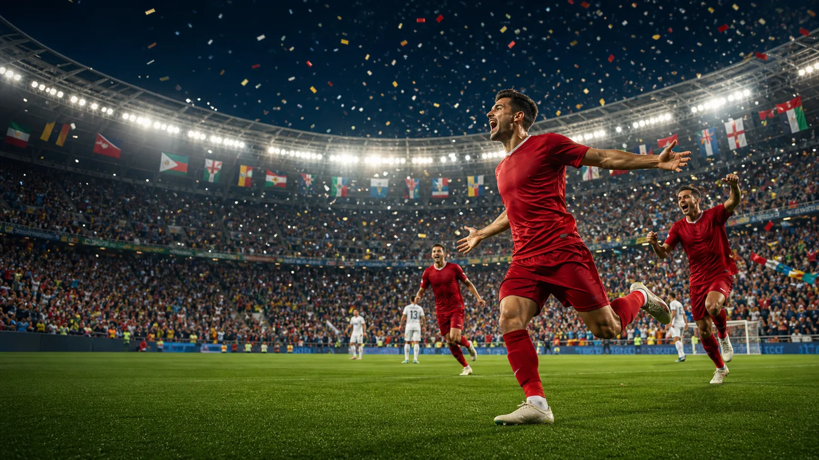 Footballers celebrating in an international stadium